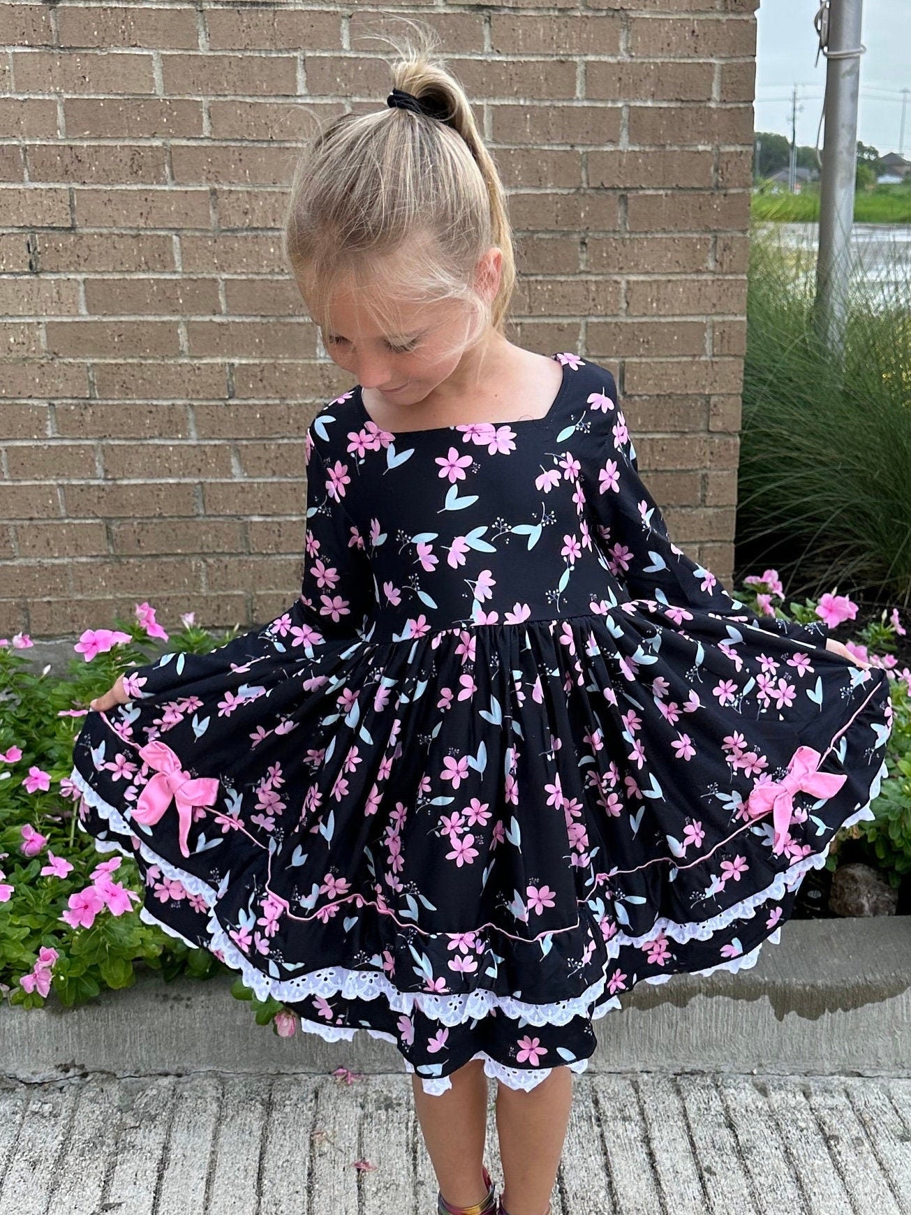 Pink Floral Lace and Ruffle Dress