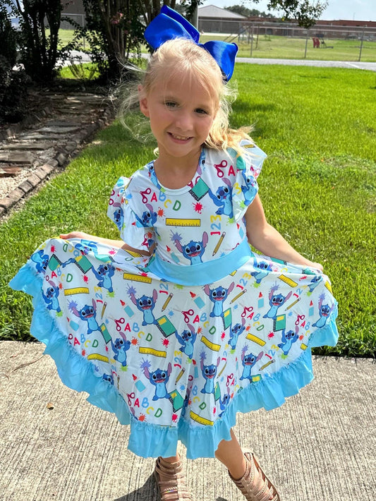 Blue Alien School Days Bow Back Twirl Dress