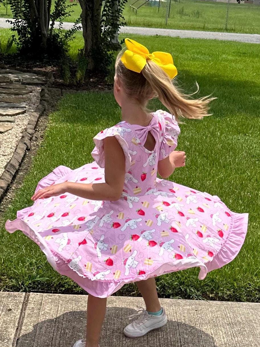 Kawaii Puppy and strawberries Bow Back Twirl Dress