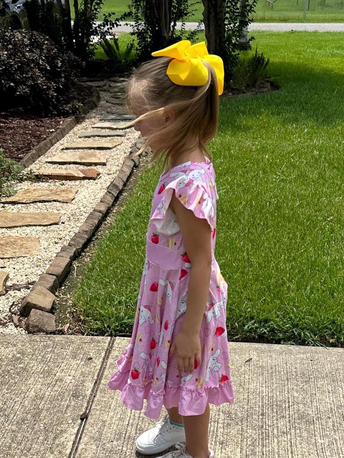 Kawaii Puppy and strawberries Bow Back Twirl Dress