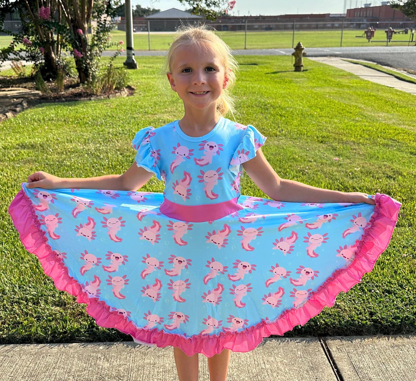 Leucistic (Pink) Axolotl bow back twirl dress