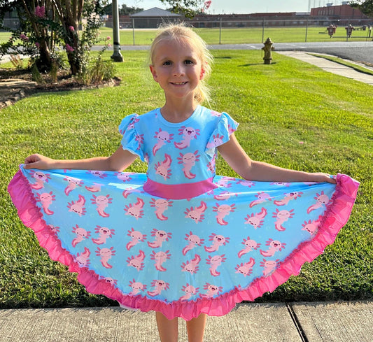 Leucistic (Pink) Axolotl bow back twirl dress