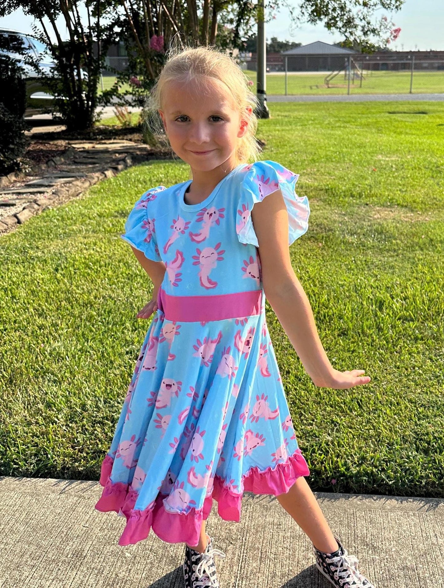Leucistic (Pink) Axolotl bow back twirl dress