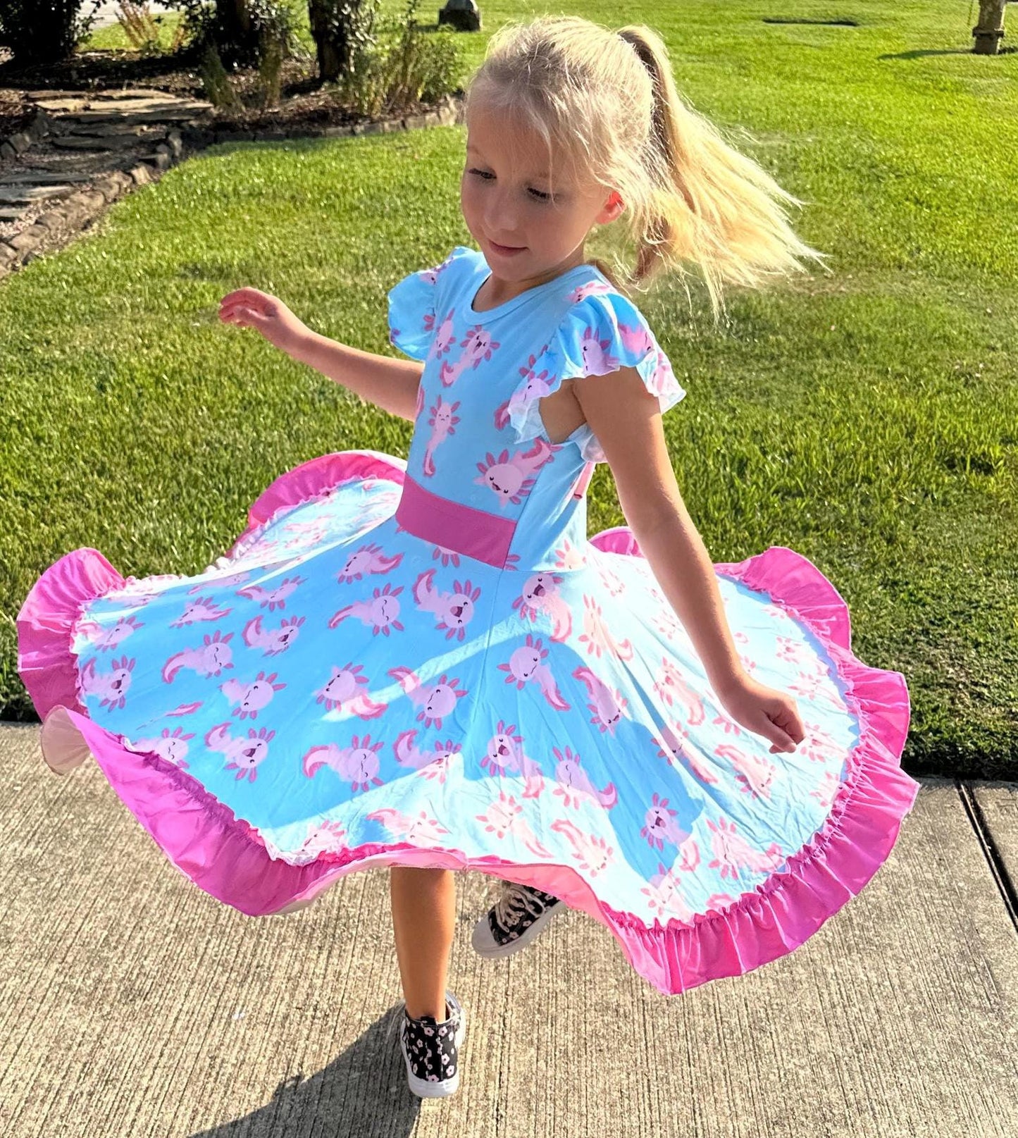 Leucistic (Pink) Axolotl bow back twirl dress