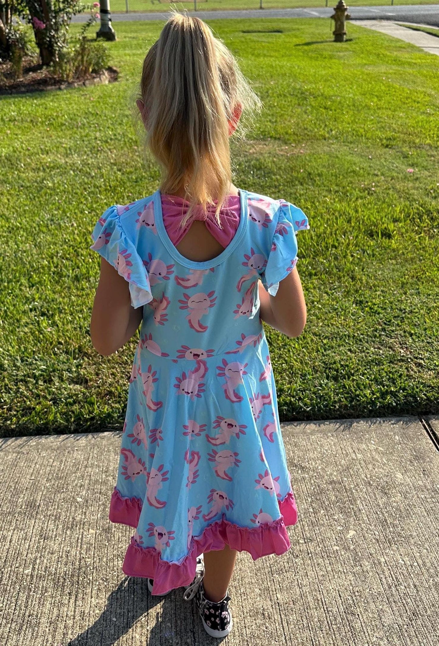 Leucistic (Pink) Axolotl bow back twirl dress