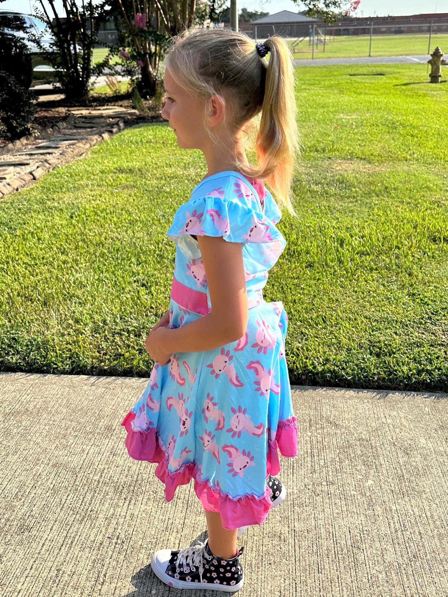 Leucistic (Pink) Axolotl bow back twirl dress