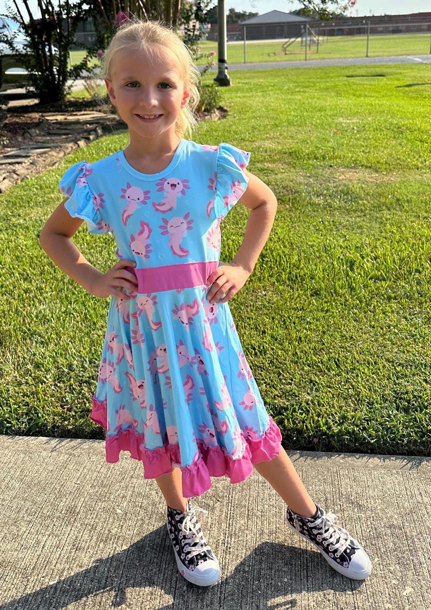 Leucistic (Pink) Axolotl bow back twirl dress