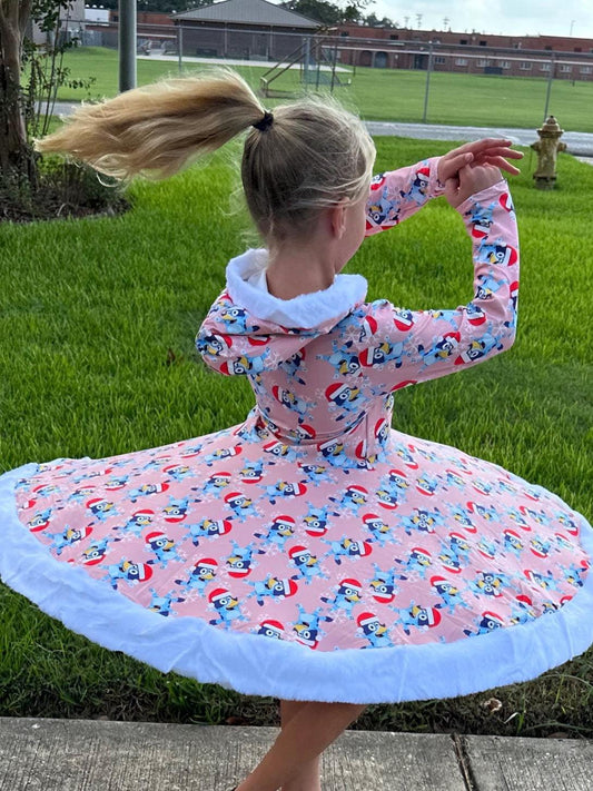 Fuzzy Hooded Blue Dog Christmas Twirl Dress