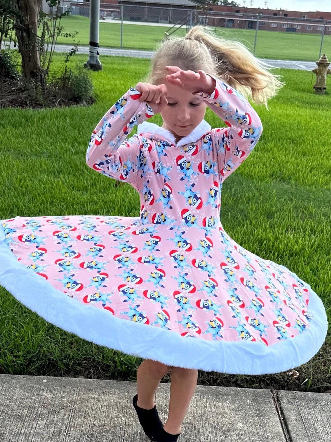 Fuzzy Hooded Blue Dog Christmas Twirl Dress