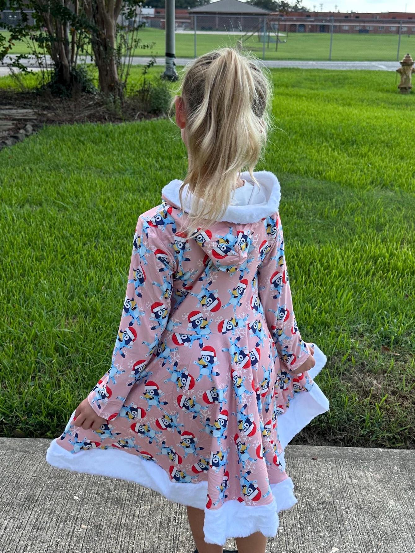 Fuzzy Hooded Blue Dog Christmas Twirl Dress