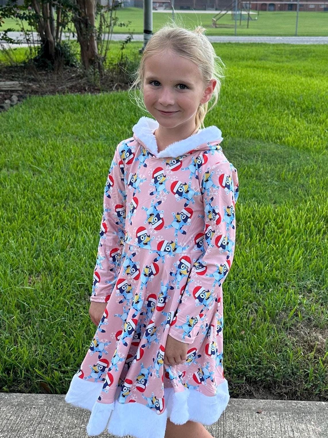 Fuzzy Hooded Blue Dog Christmas Twirl Dress