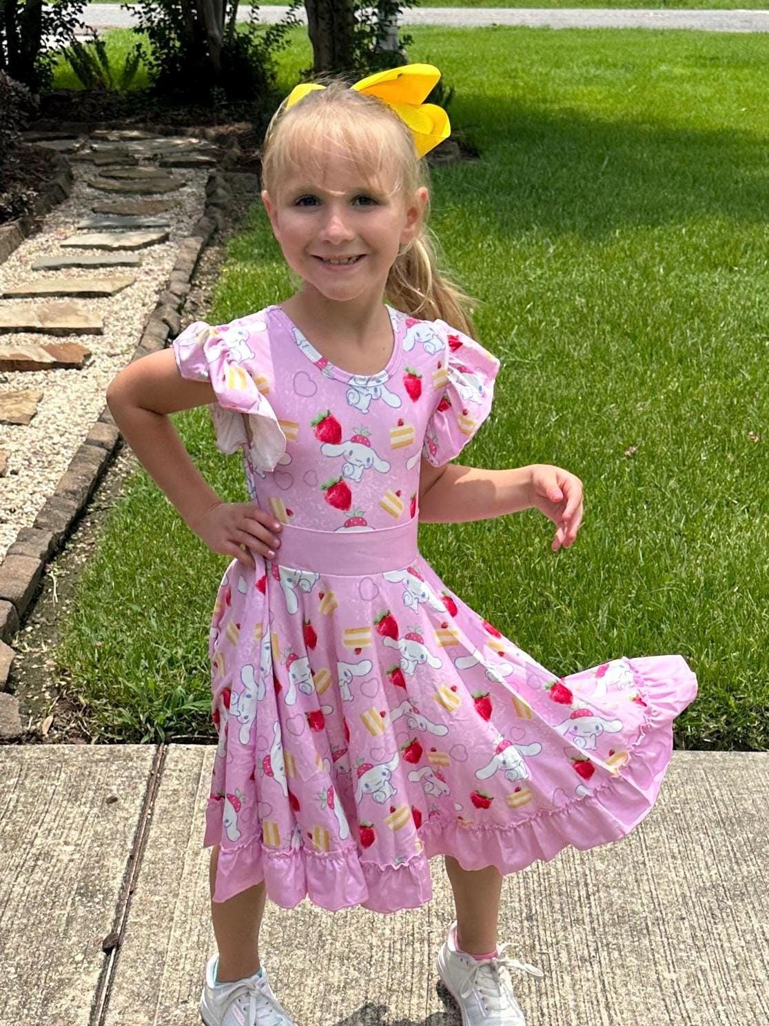 Kawaii Puppy and strawberries Bow Back Twirl Dress