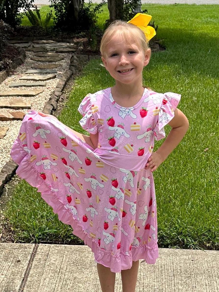 Kawaii Puppy and strawberries Bow Back Twirl Dress