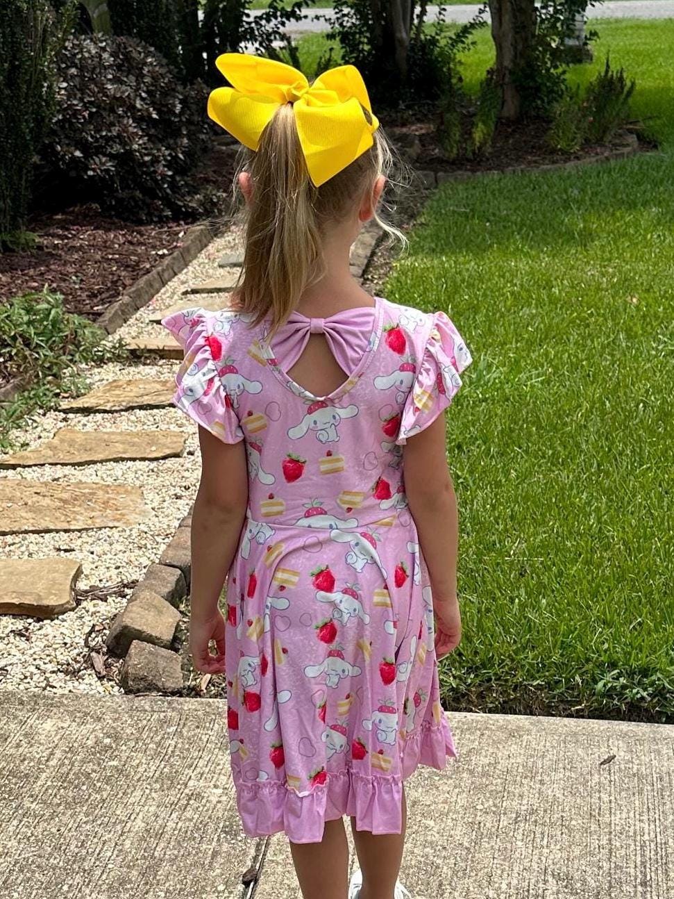 Kawaii Puppy and strawberries Bow Back Twirl Dress