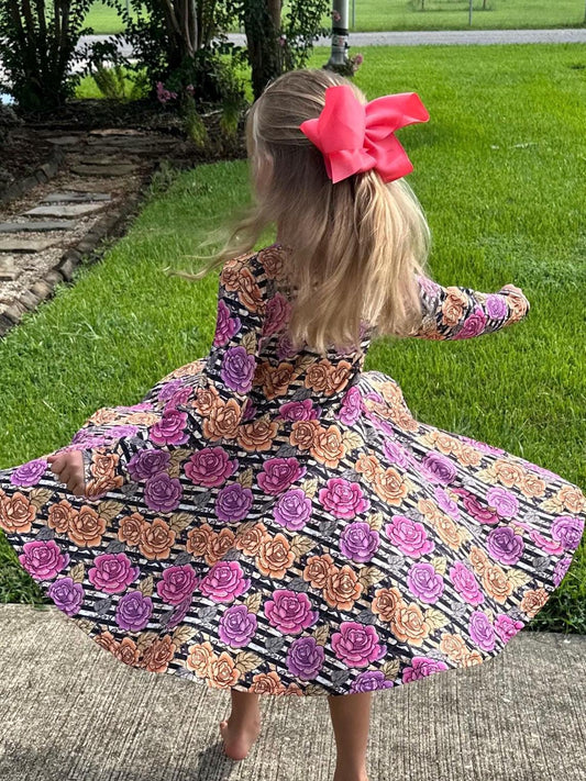 Fall Roses Long Sleeve Twirl Dress