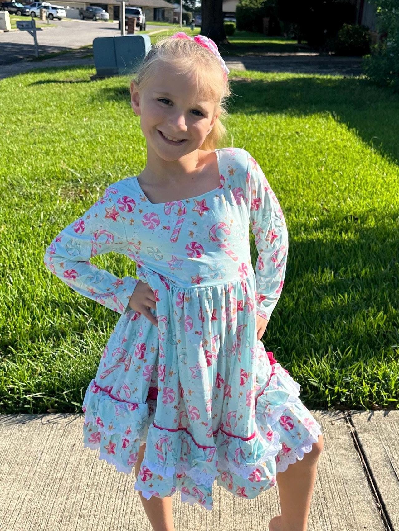 Christmas Candy Ruffle and Lace Twirl Dress