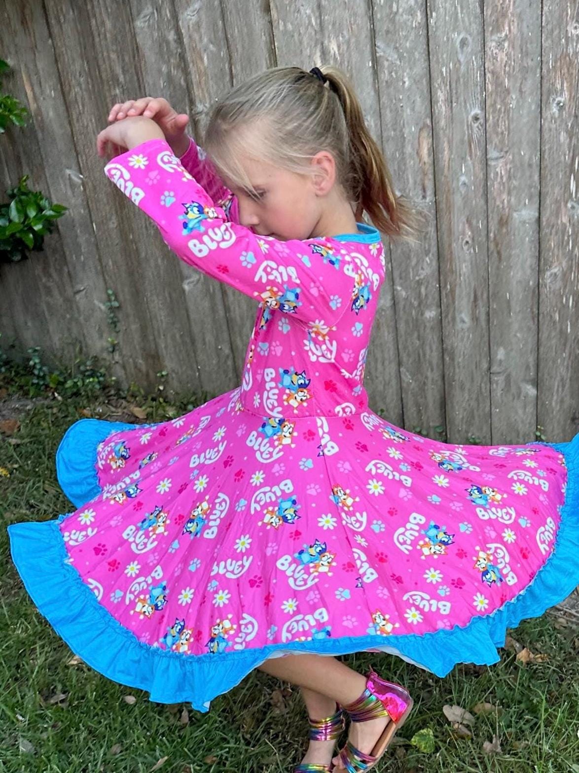 Blue Dog Long Sleeve Twirl Dress