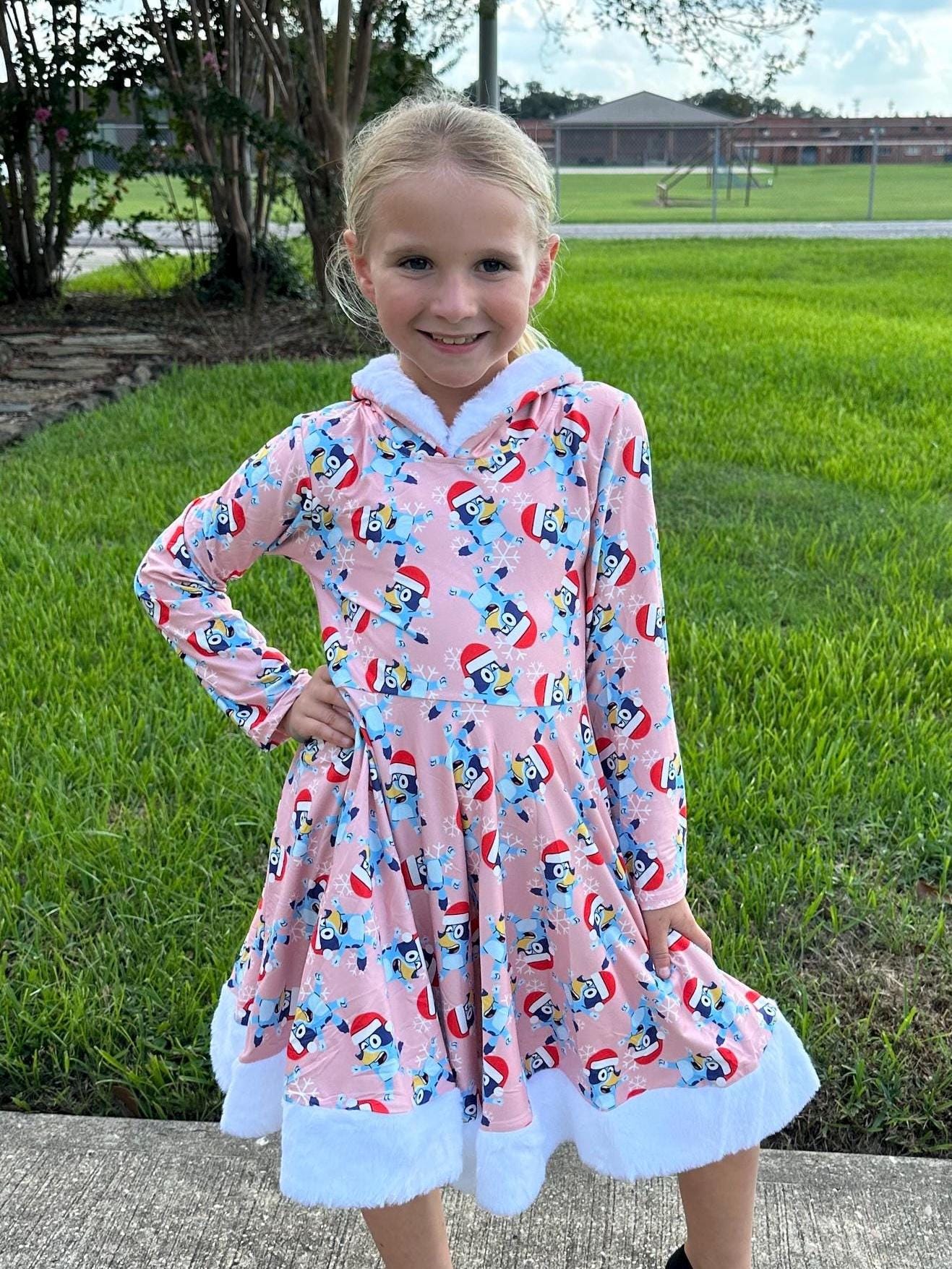 Fuzzy Hooded Blue Dog Christmas Twirl Dress