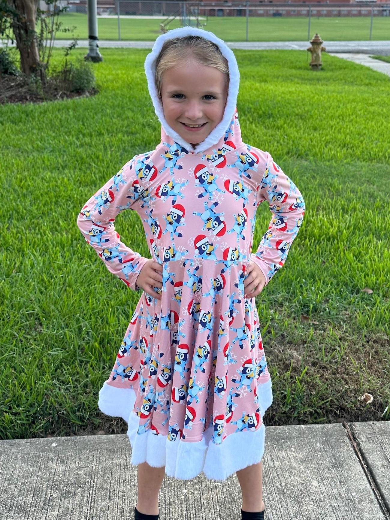 Fuzzy Hooded Blue Dog Christmas Twirl Dress
