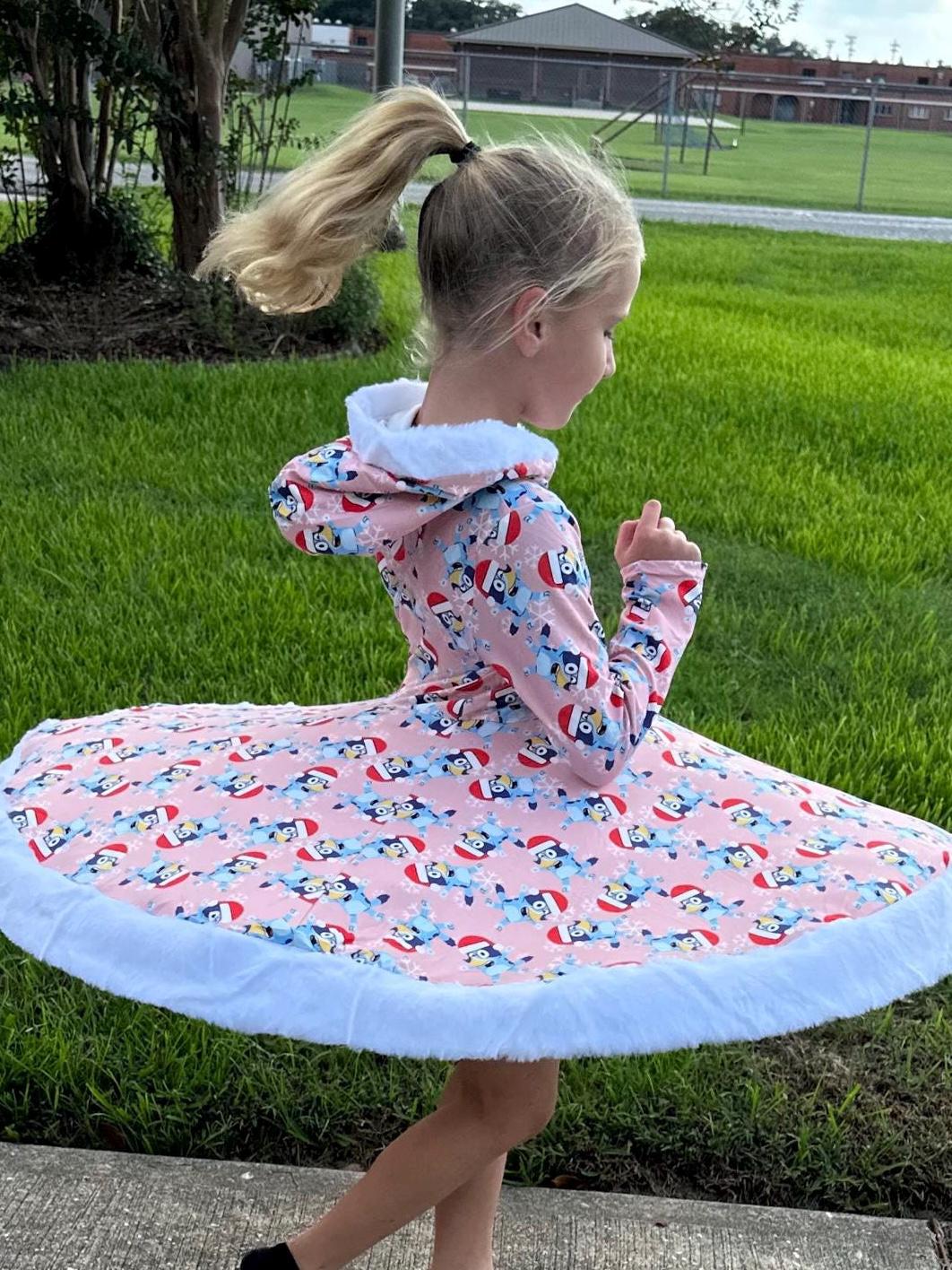 Fuzzy Hooded Blue Dog Christmas Twirl Dress