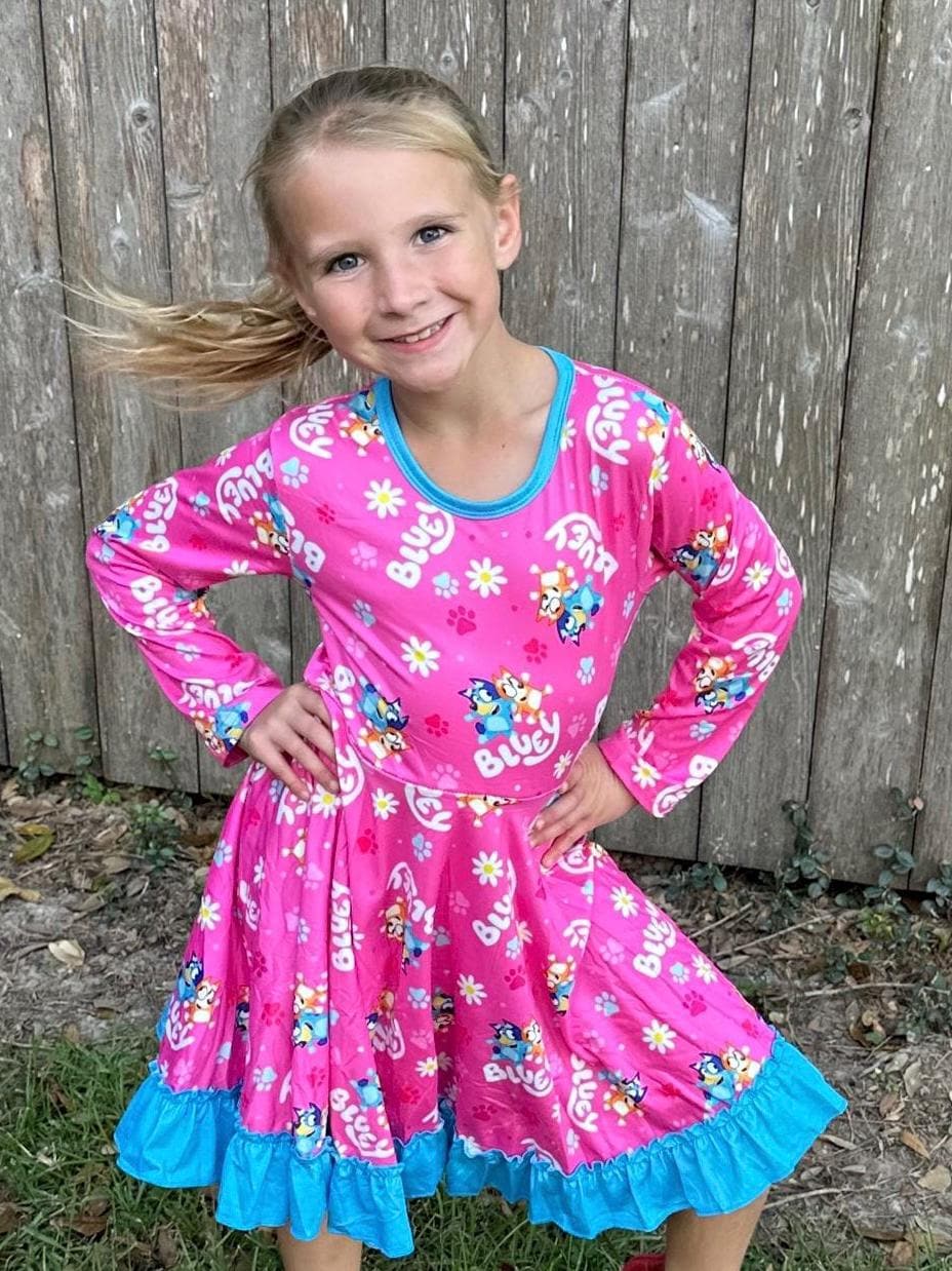 Blue Dog Long Sleeve Twirl Dress