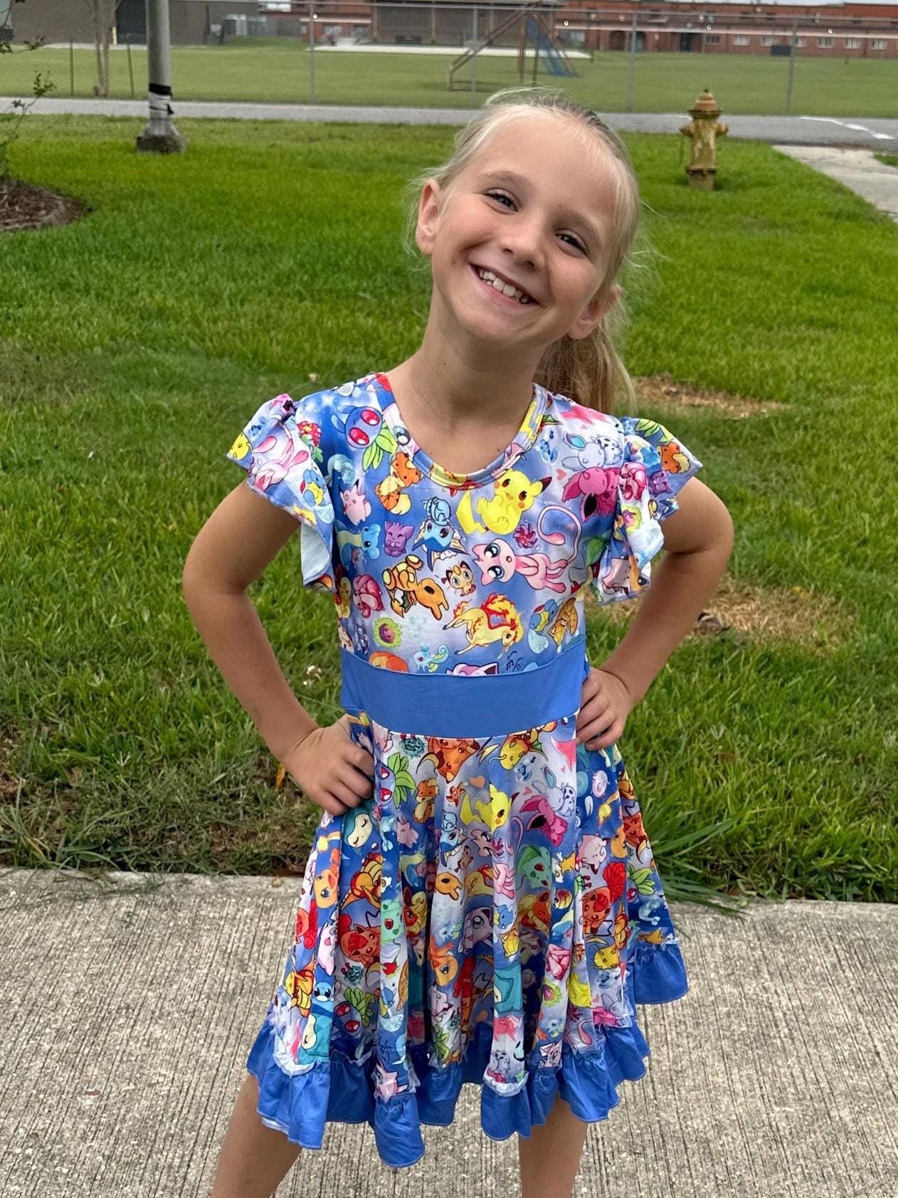 Blue Bow Back Pocket Characters Twirl Dress