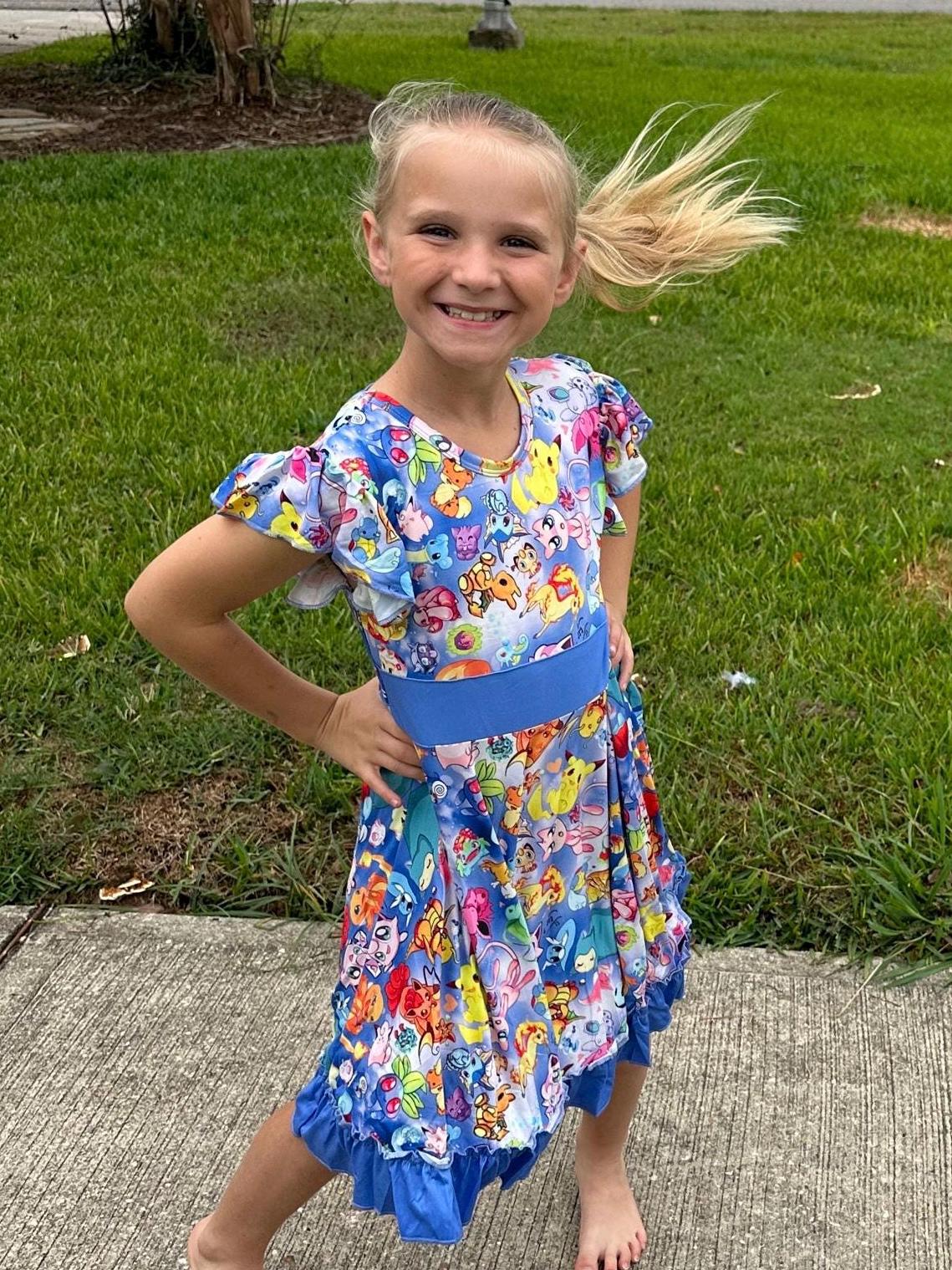 Blue Bow Back Pocket Characters Twirl Dress