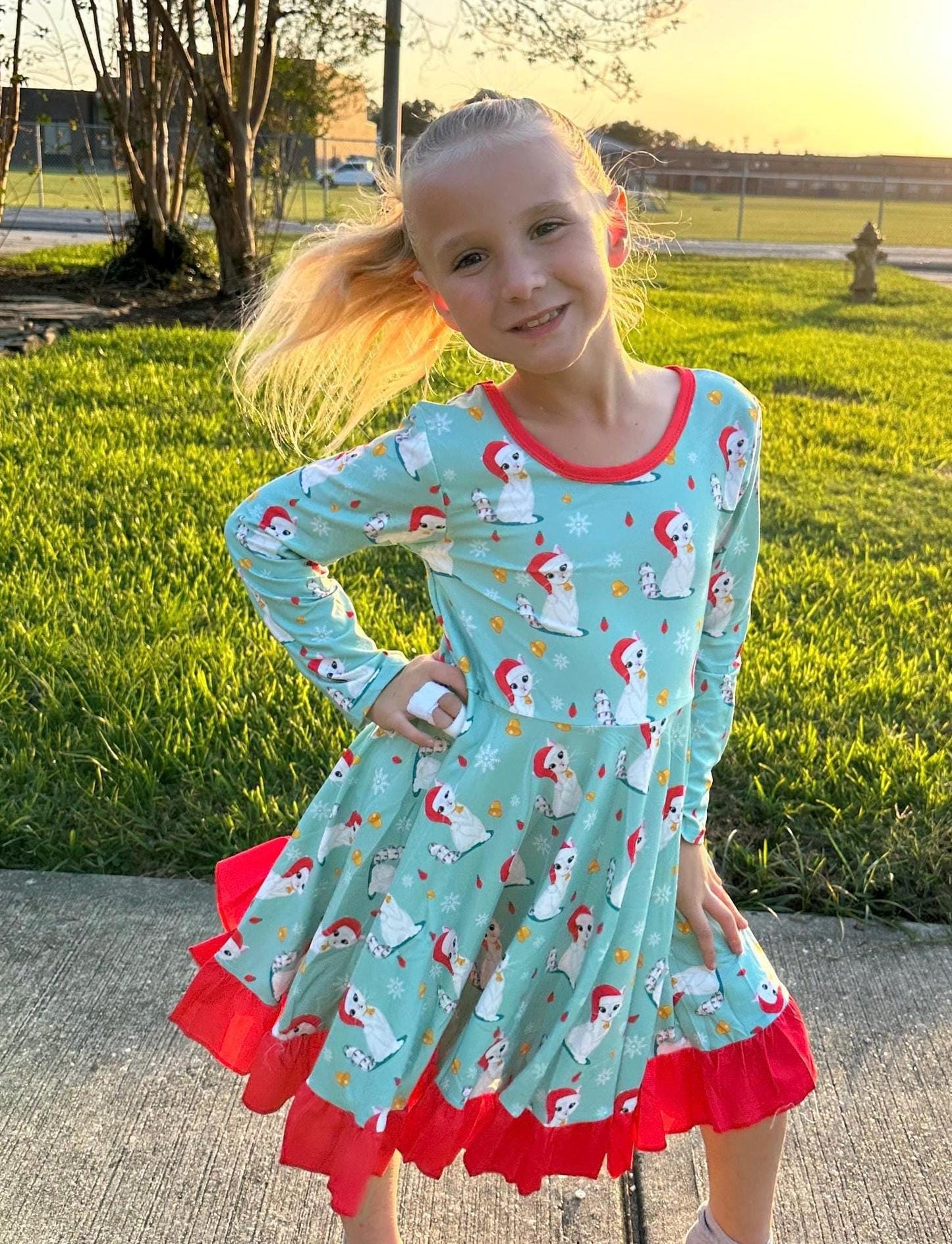 Christmas Kitties Crossback Long Sleeve Twirl Dress