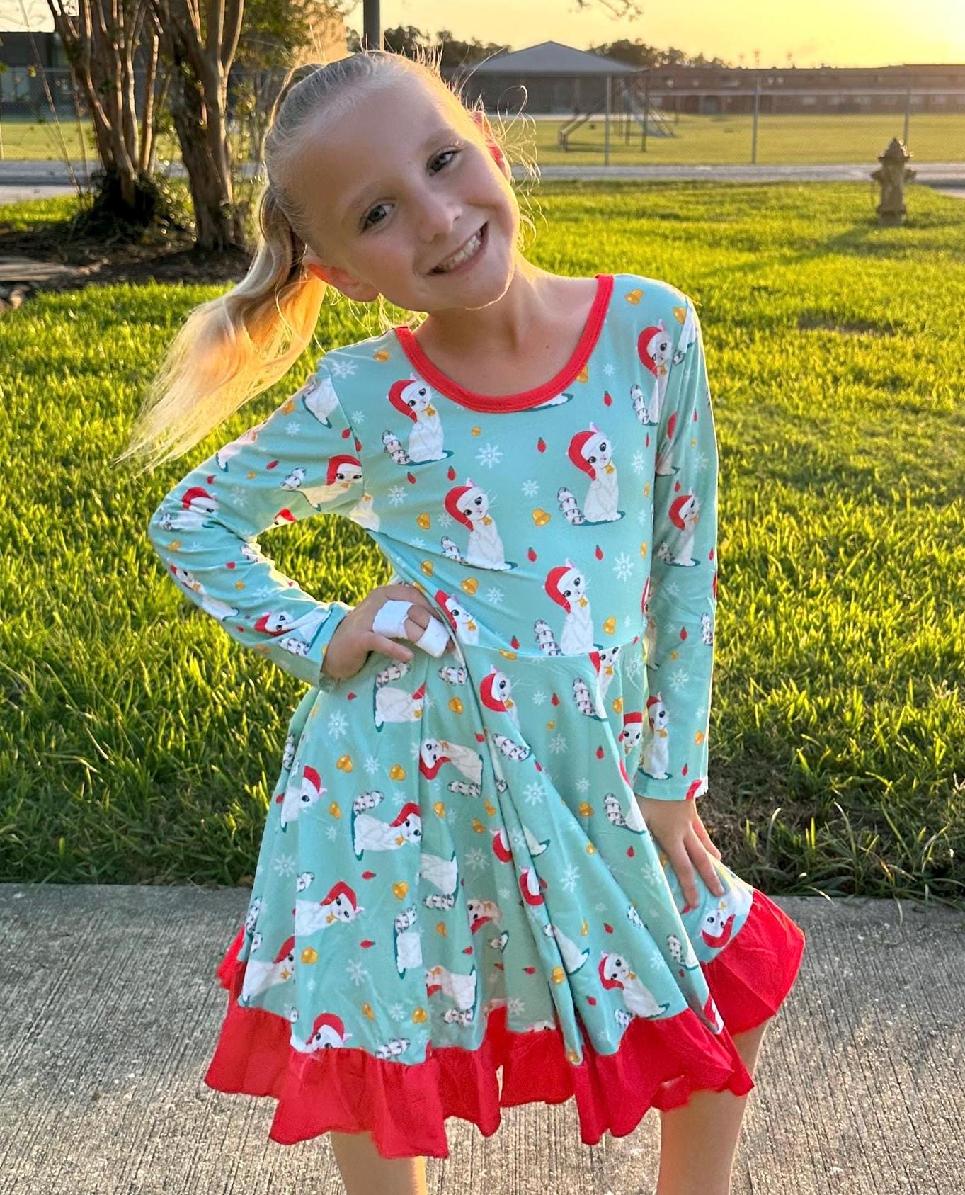 Christmas Kitties Crossback Long Sleeve Twirl Dress