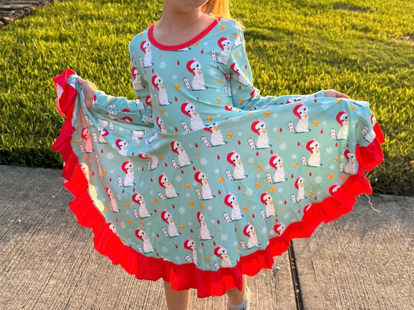 Christmas Kitties Crossback Long Sleeve Twirl Dress