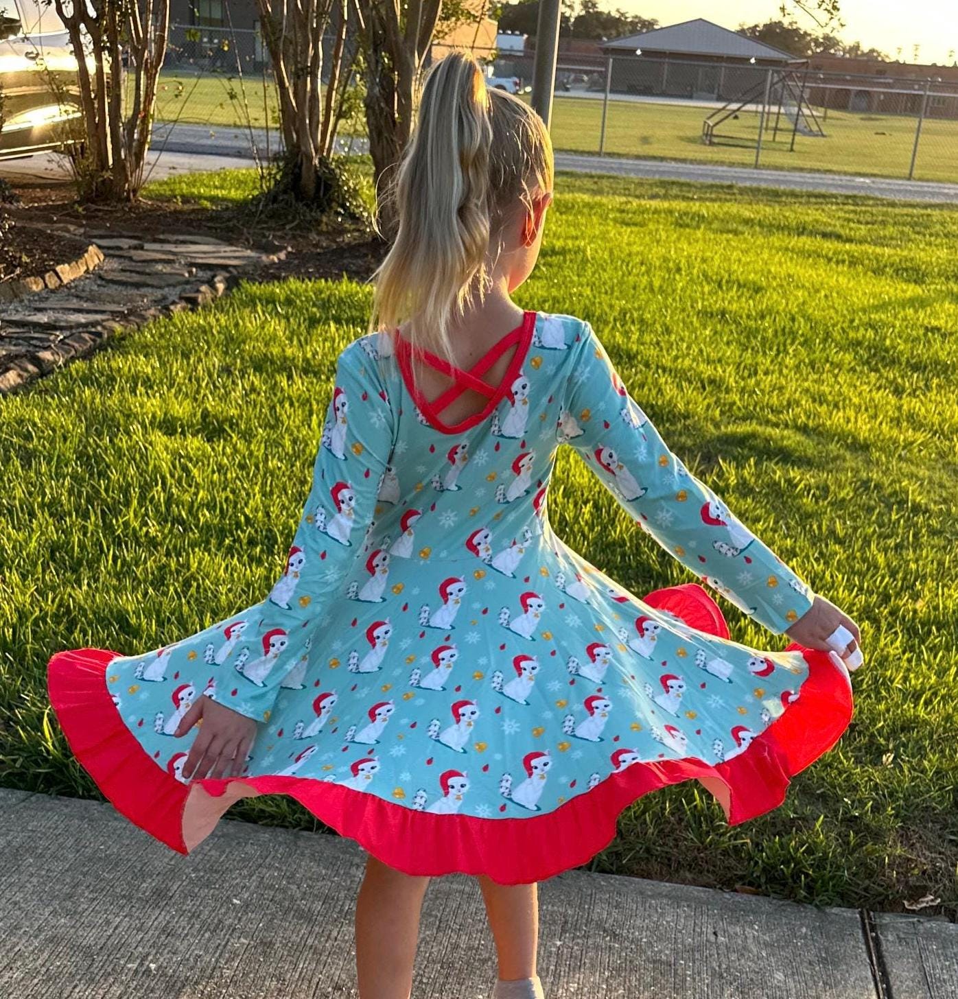 Christmas Kitties Crossback Long Sleeve Twirl Dress