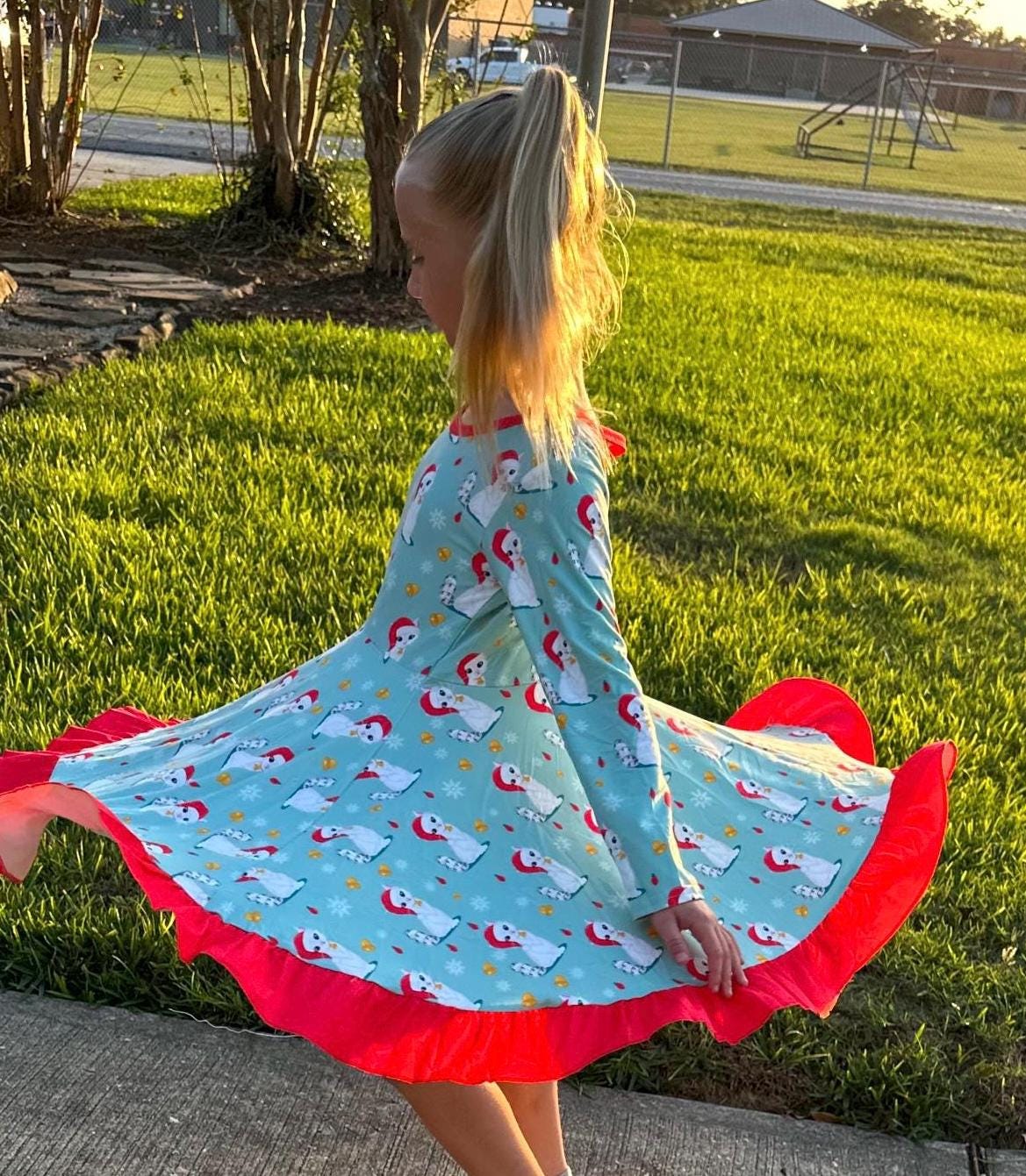 Christmas Kitties Crossback Long Sleeve Twirl Dress