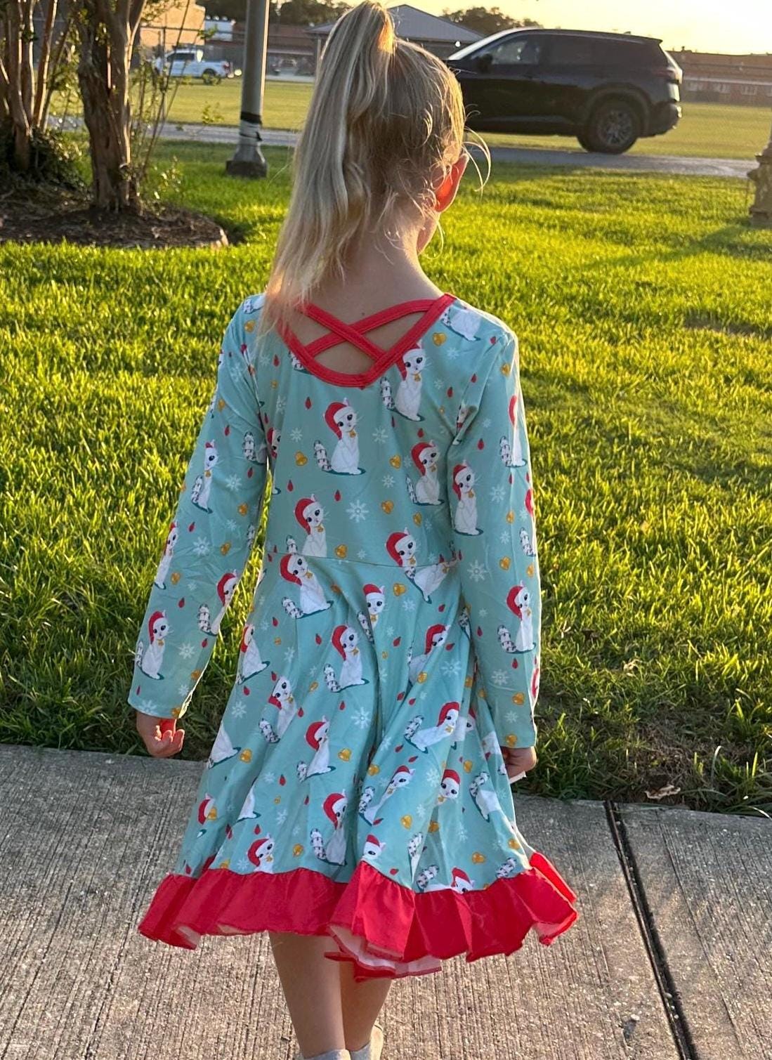 Christmas Kitties Crossback Long Sleeve Twirl Dress