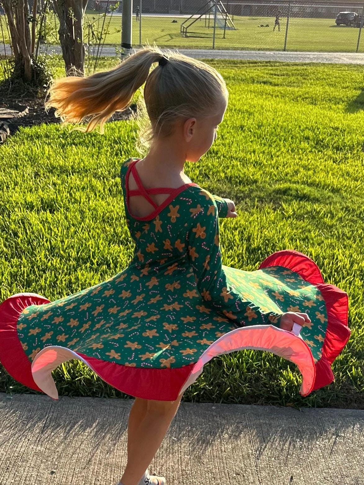 Green Gingerbread Crossback Twirl Dress