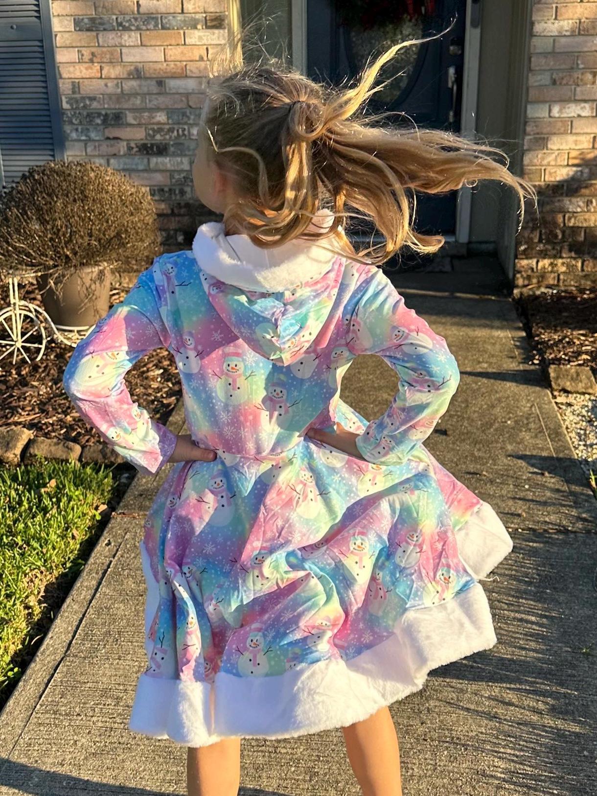 Fuzzy Hooded Rainbow Snowman Twirl Dress