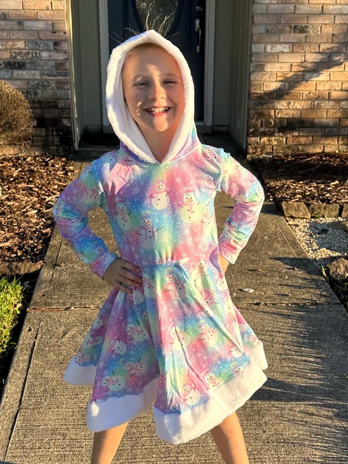 Fuzzy Hooded Rainbow Snowman Twirl Dress