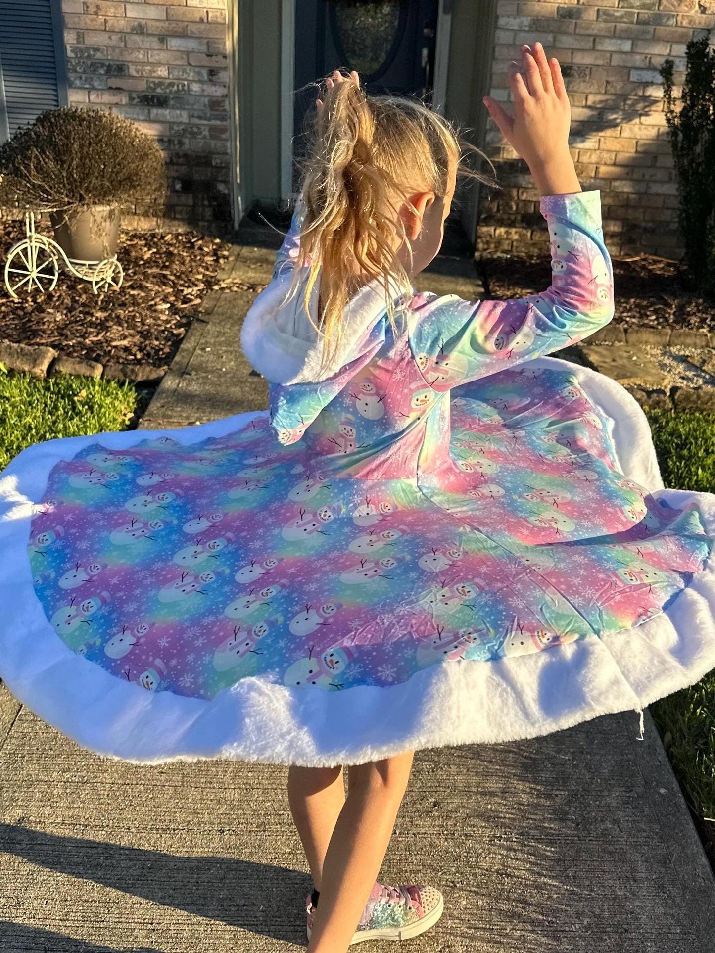 Fuzzy Hooded Rainbow Snowman Twirl Dress