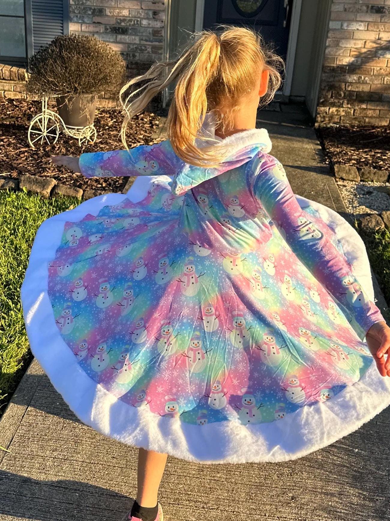 Fuzzy Hooded Rainbow Snowman Twirl Dress