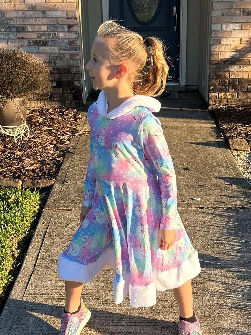 Fuzzy Hooded Rainbow Snowman Twirl Dress