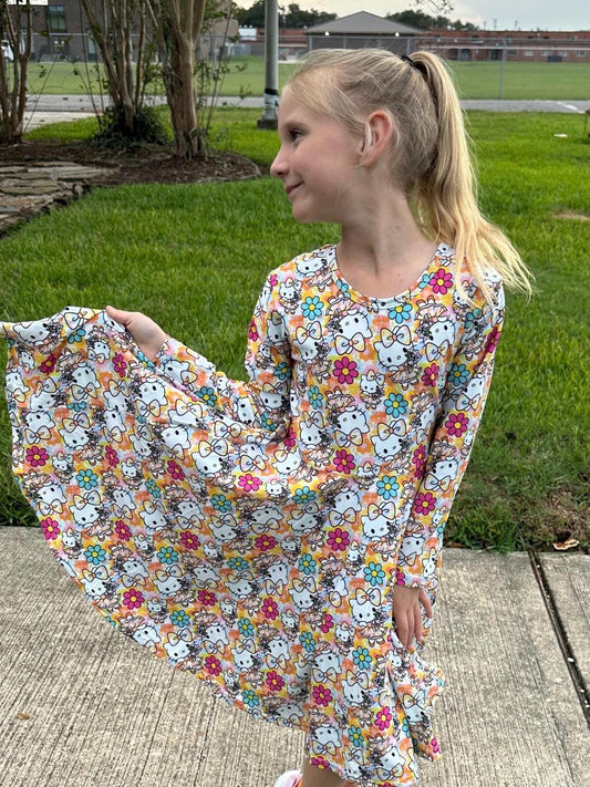 Floral Kawaii Cat Bow Back Dress (long sleeve)