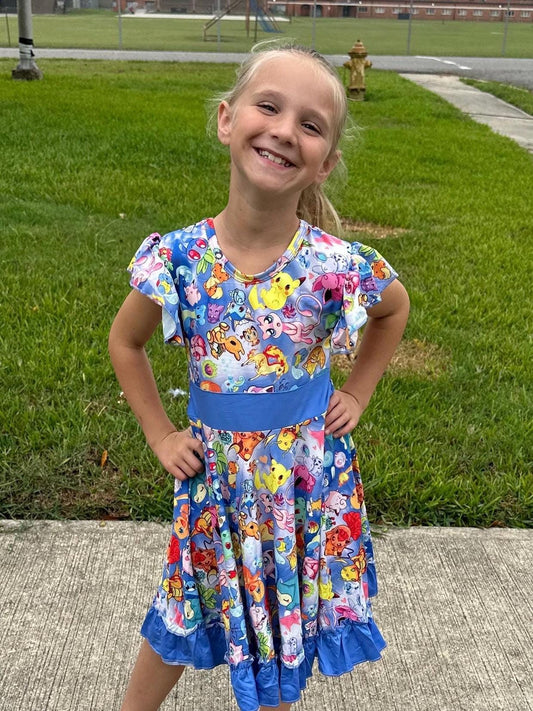 Blue Bow Back Pocket Characters Twirl Dress