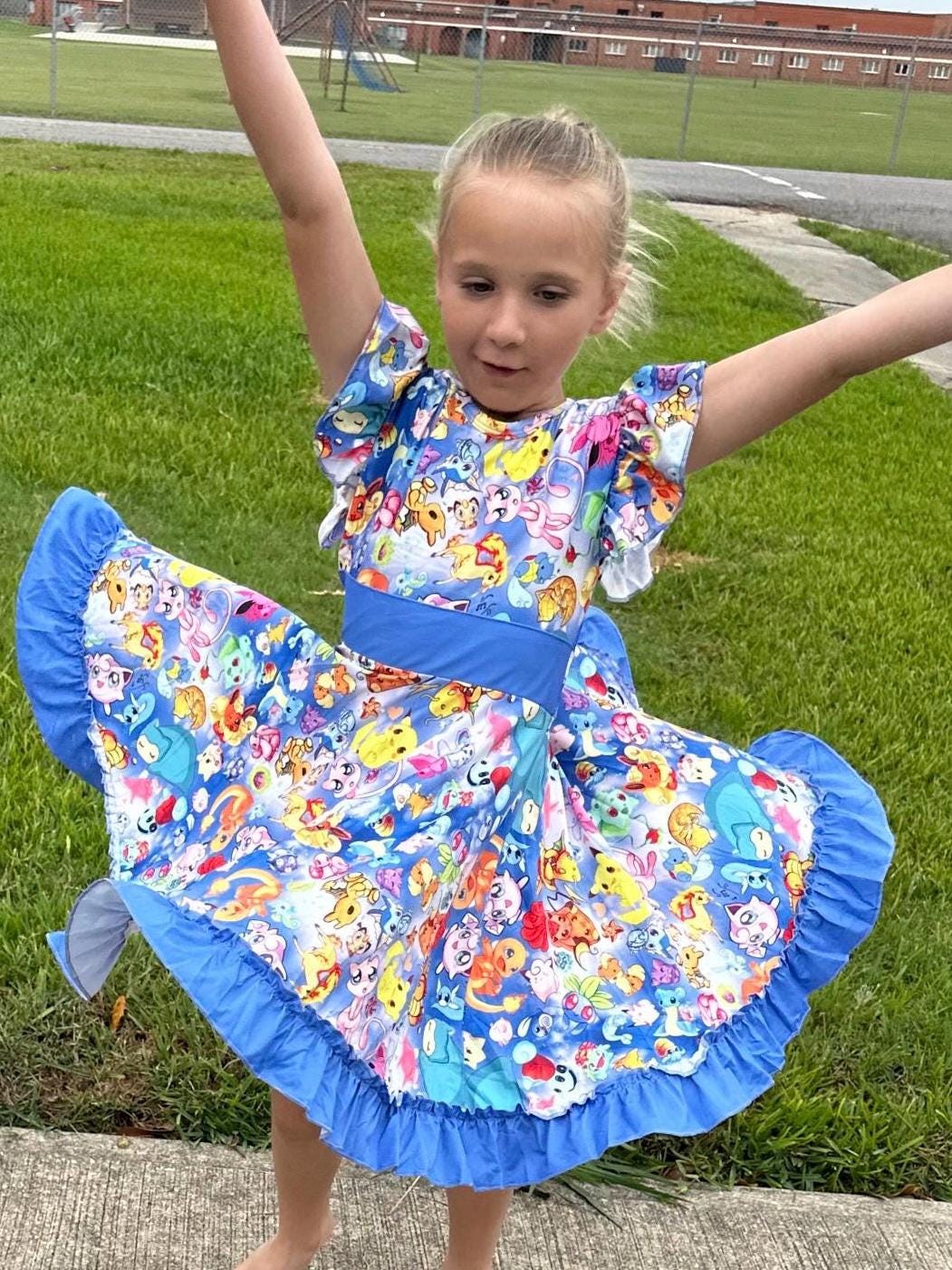 Blue Bow Back Pocket Characters Twirl Dress