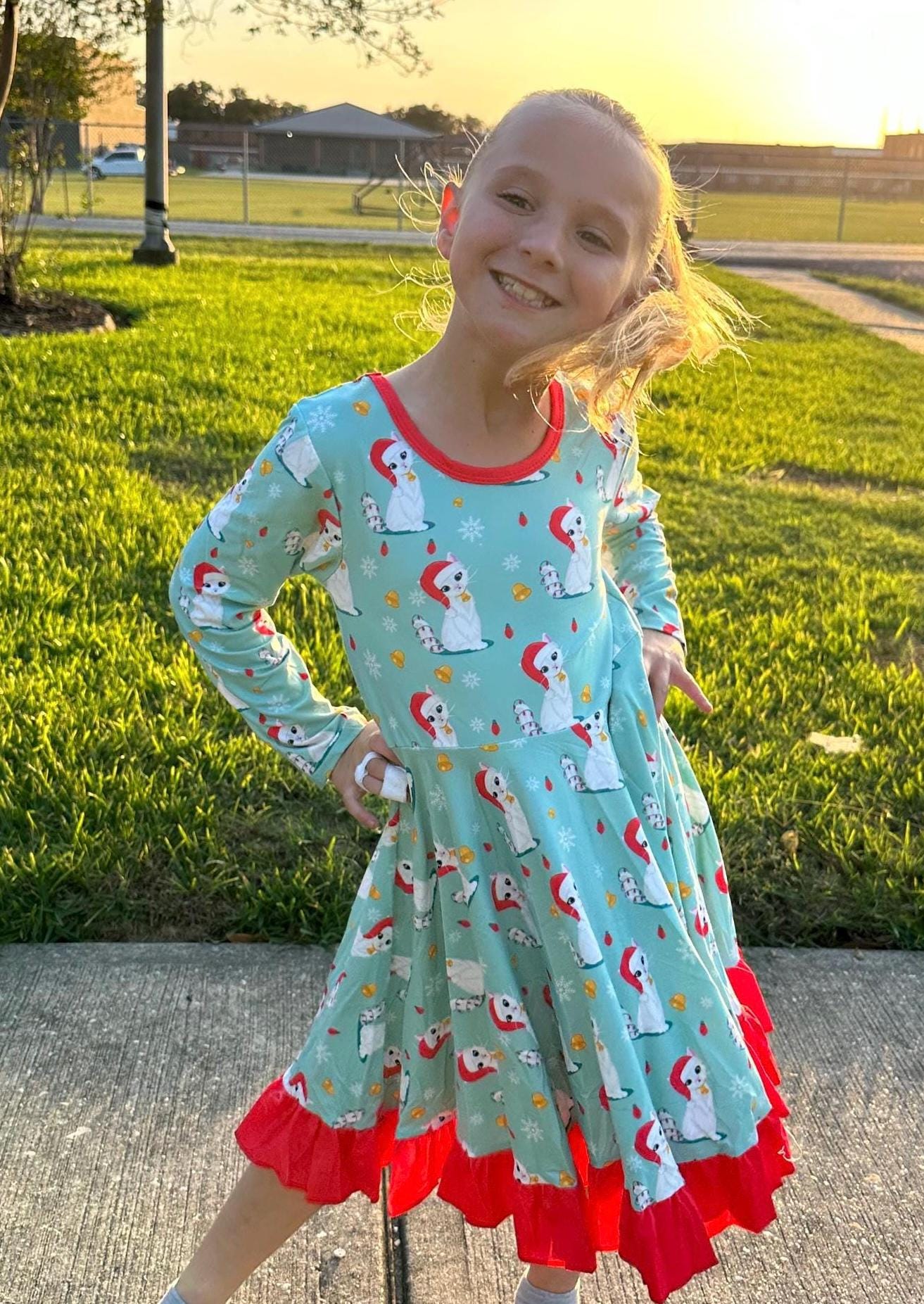 Christmas Kitties Crossback Long Sleeve Twirl Dress