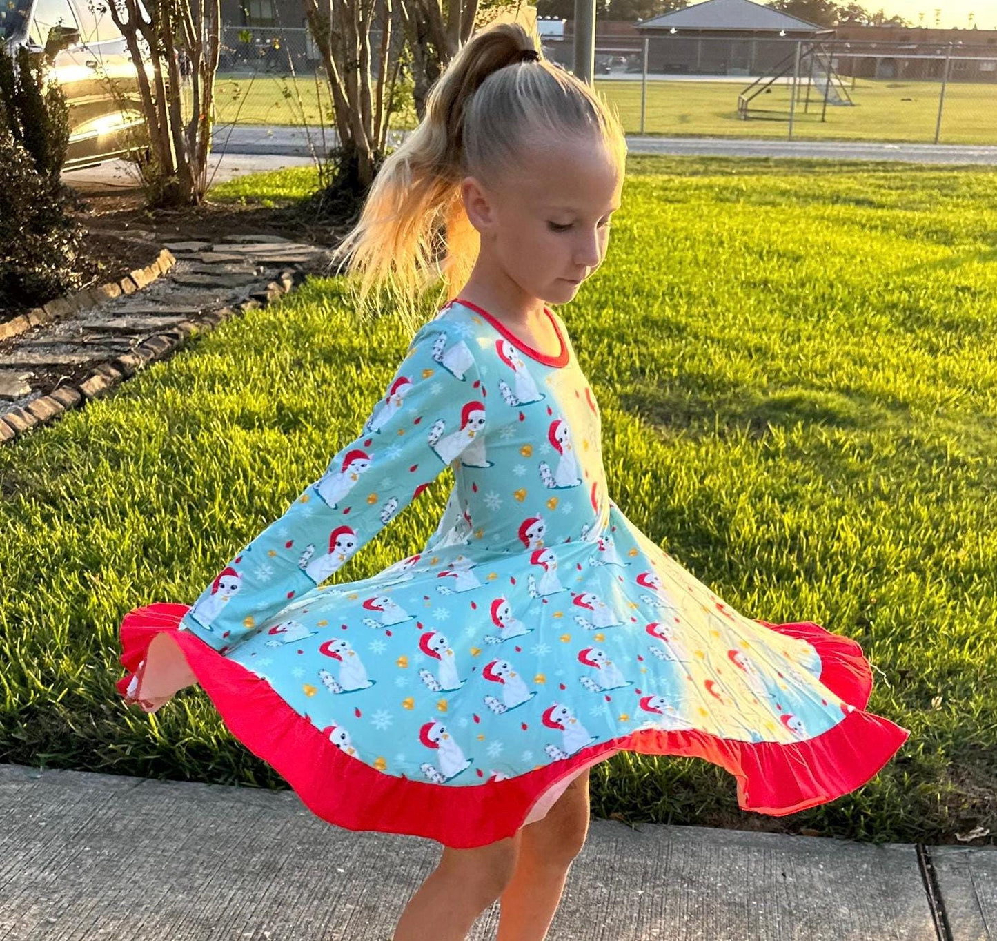 Christmas Kitties Crossback Long Sleeve Twirl Dress