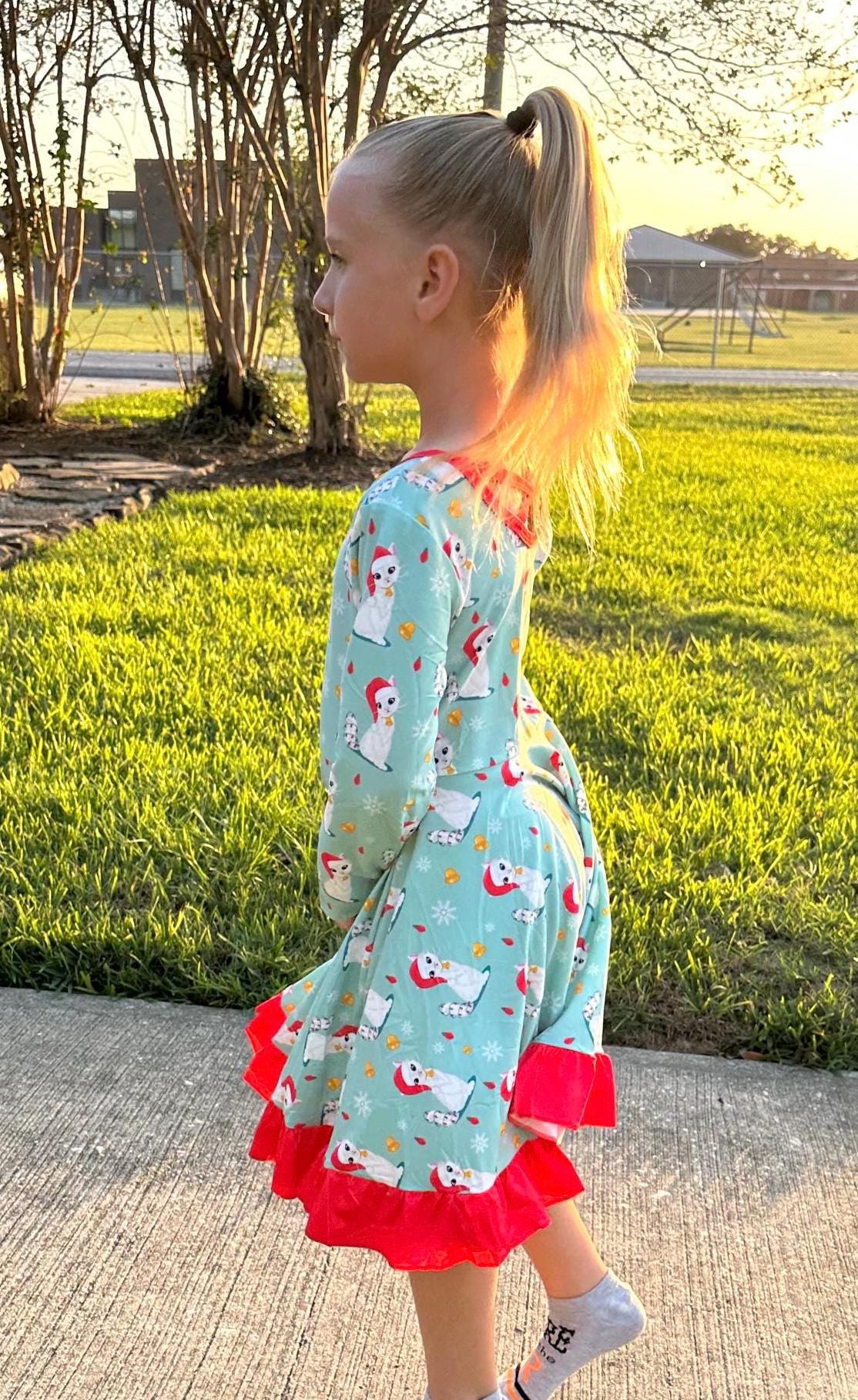 Christmas Kitties Crossback Long Sleeve Twirl Dress