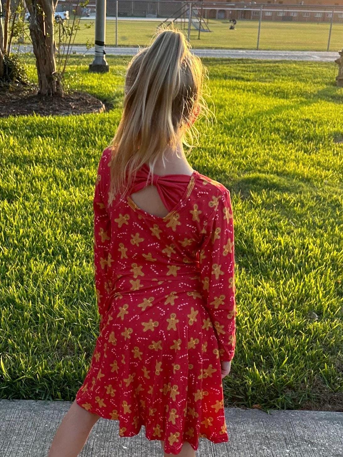 Red Gingerbread Bow Back Twirl Dress