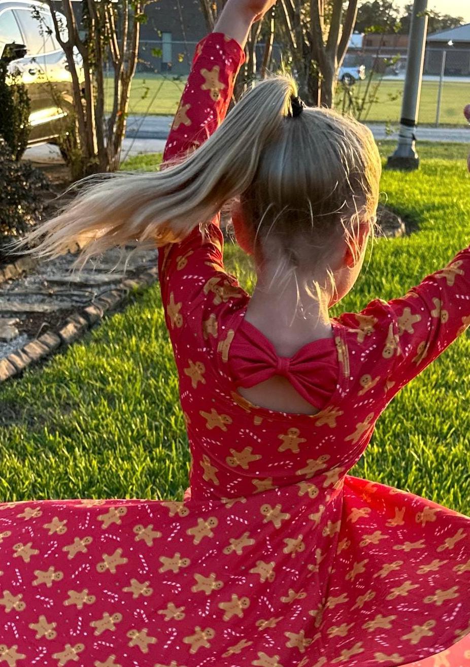 Red Gingerbread Bow Back Twirl Dress