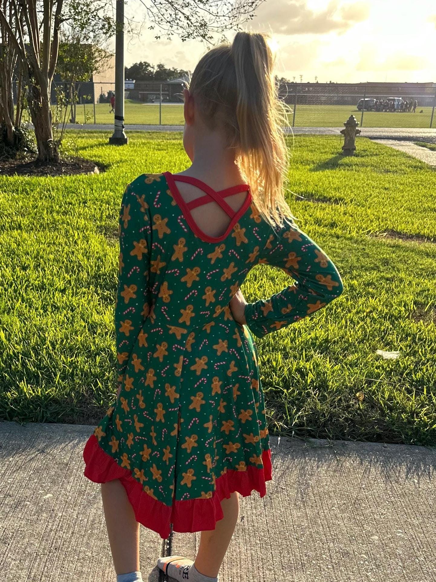 Green Gingerbread Crossback Twirl Dress