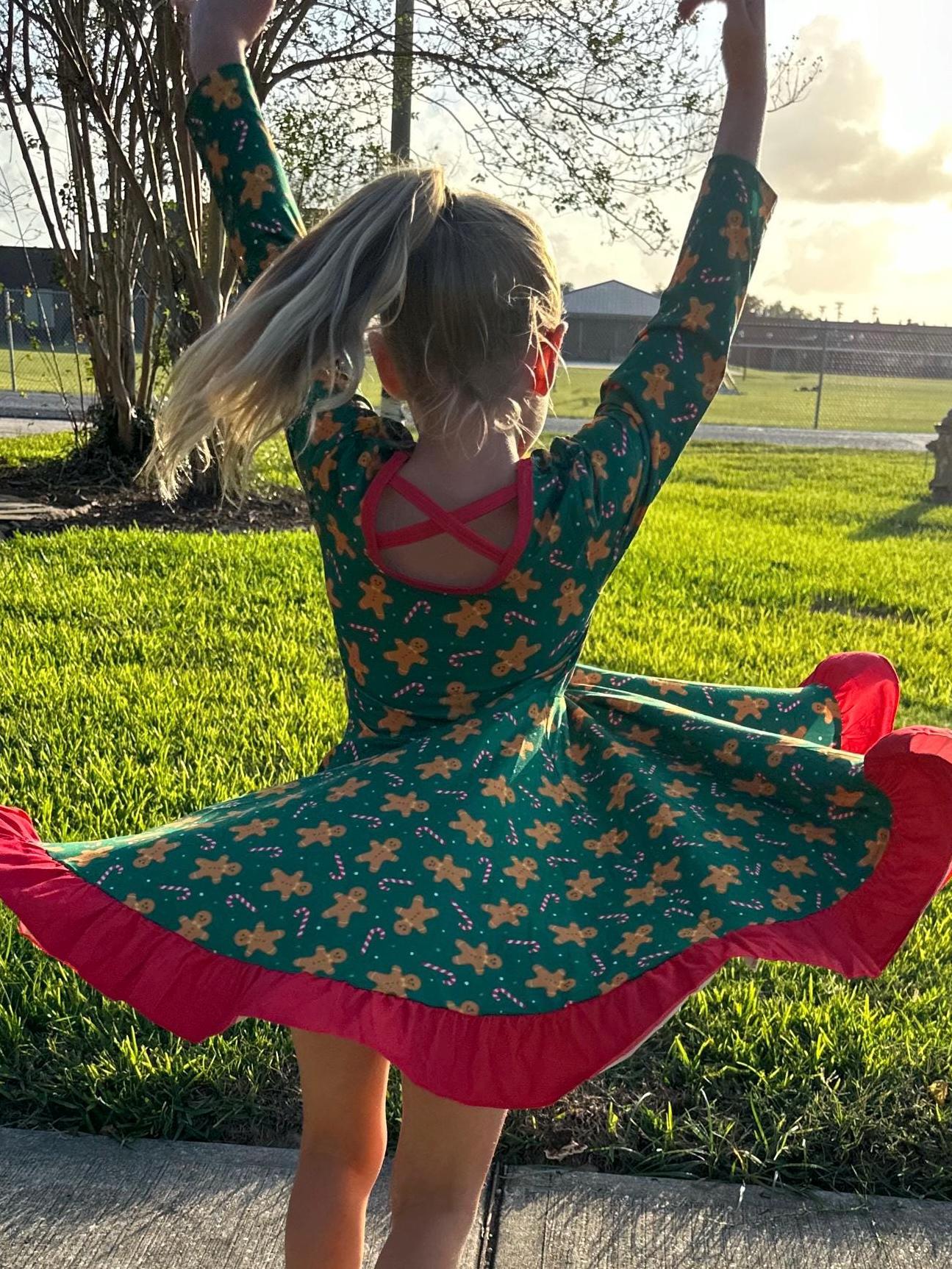 Green Gingerbread Crossback Twirl Dress