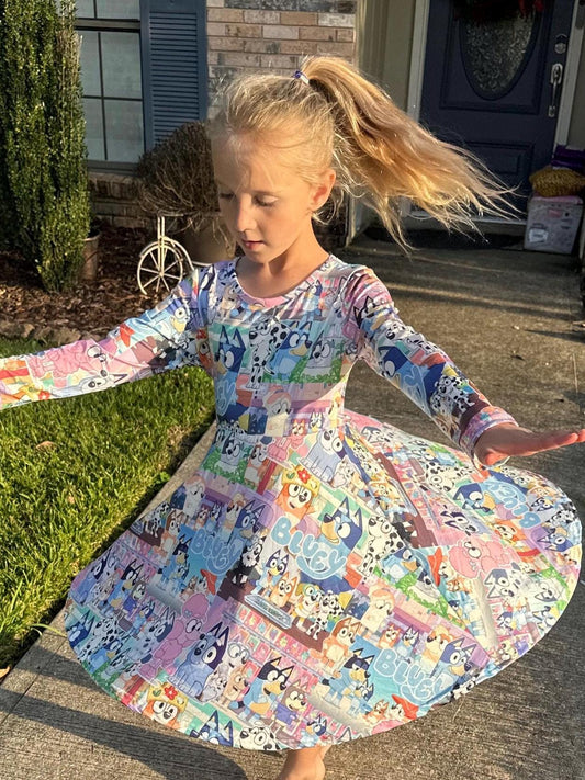 Blue Dog and Friends long sleeve twirl dress
